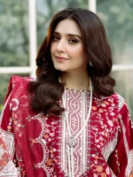 Eid Collection BIN ILYAS Embroidered lawn Three Piece BIL-06 Red - Image 3