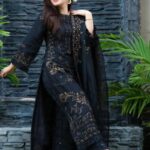 Humstore-18405 black lawn Embroidered three piece