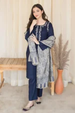 Blue Dhanak Embroidered three piece With Woolen Duppata - Image 4
