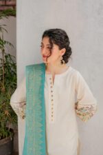 Humstore-882 off white Dhanak Embroidered three piece With Woolen Duppata - Image 2