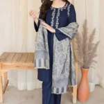 Blue Dhanak Embroidered three piece With Woolen Duppata